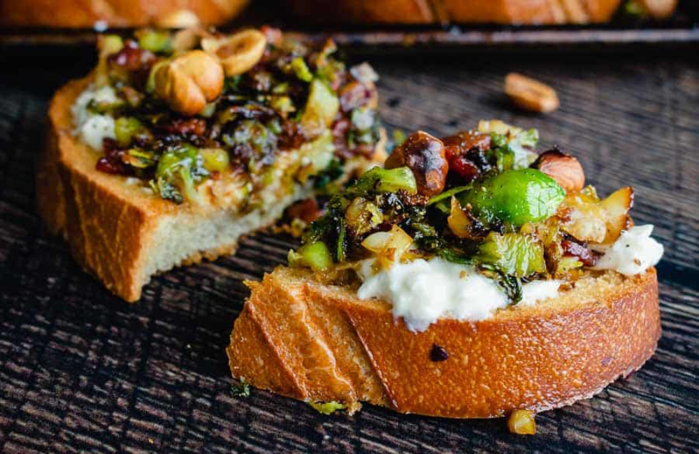 Caramelized Brussel Sprout Toast with Burrata & Bacon